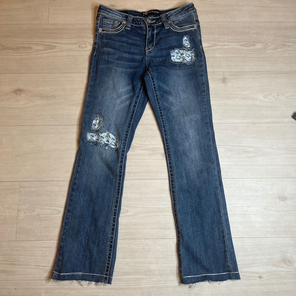 Affliction Jade Bootcut Jeans Womens 26 Floral Patch Distressed Denim Wash